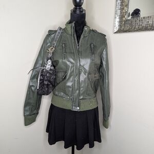 Beverly Hills Polo Green Faux Leather Bomber Jacket Large